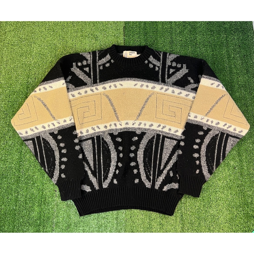 London Fog Vintage Mens Large Geometric Knit Sweater Black Tan Made in USA